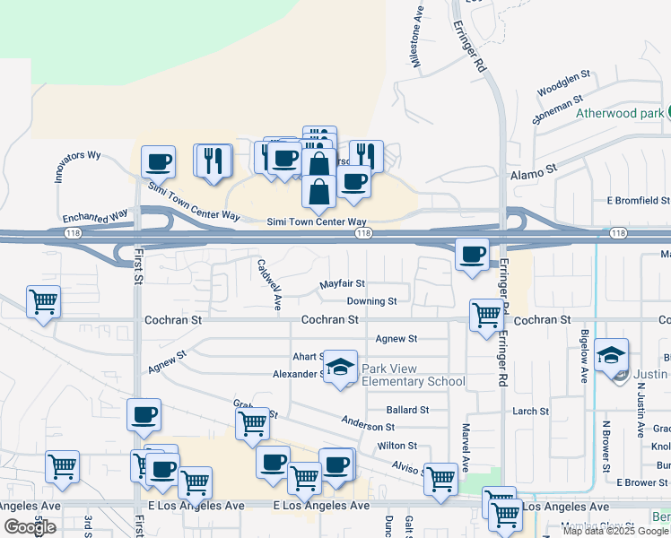map of restaurants, bars, coffee shops, grocery stores, and more near 2538 Lowell Court in Simi Valley