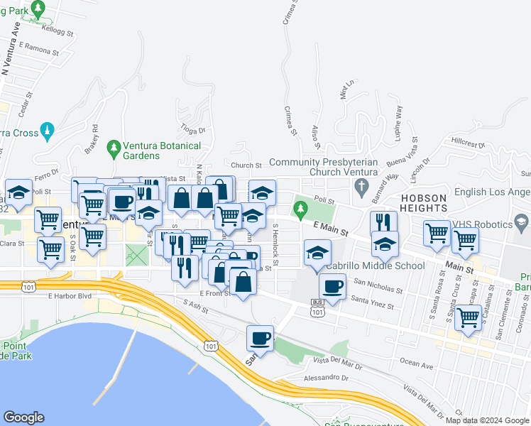 map of restaurants, bars, coffee shops, grocery stores, and more near 1157 East Main Street in Ventura