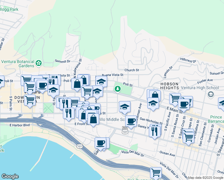 map of restaurants, bars, coffee shops, grocery stores, and more near 1239 East Main Street in Ventura