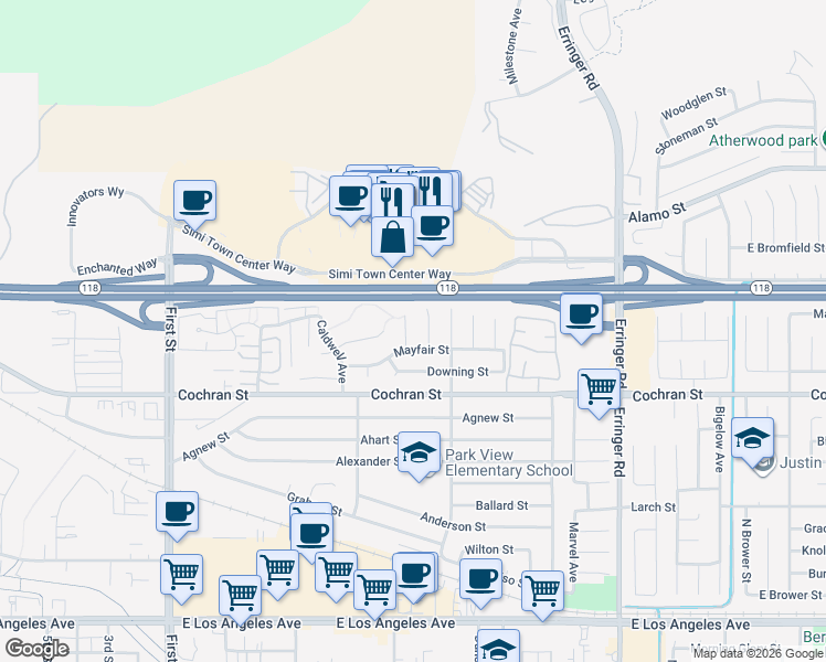 map of restaurants, bars, coffee shops, grocery stores, and more near 2538 Lowell Court in Simi Valley