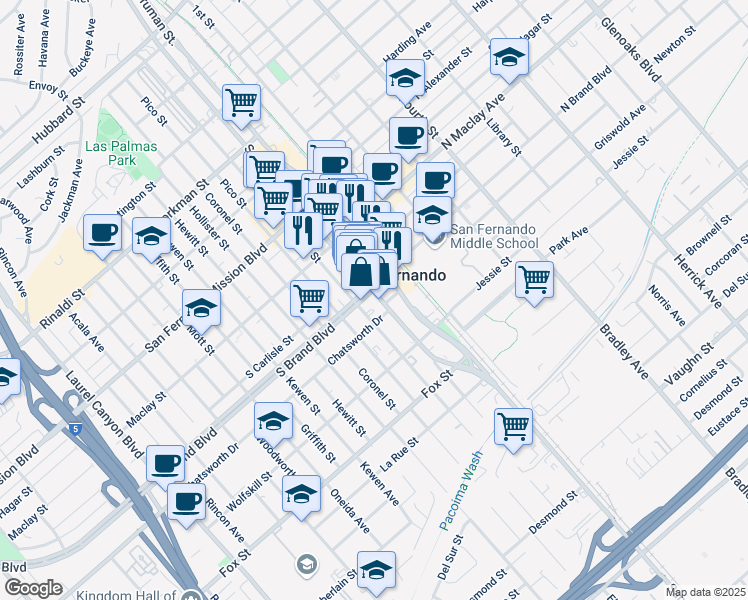 map of restaurants, bars, coffee shops, grocery stores, and more near 820 San Fernando Road in San Fernando