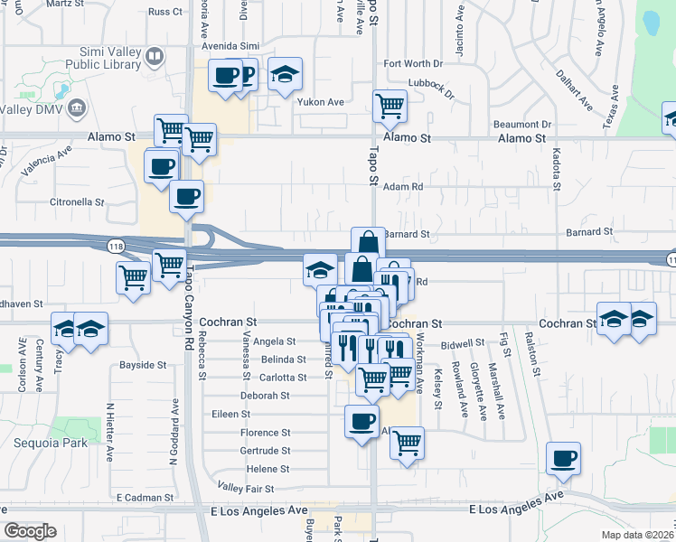 map of restaurants, bars, coffee shops, grocery stores, and more near 4347 Apricot Road in Simi Valley