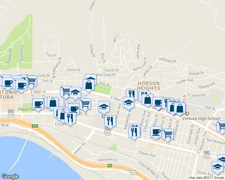 map of restaurants, bars, coffee shops, grocery stores, and more near 88 Aliso Lane in Ventura