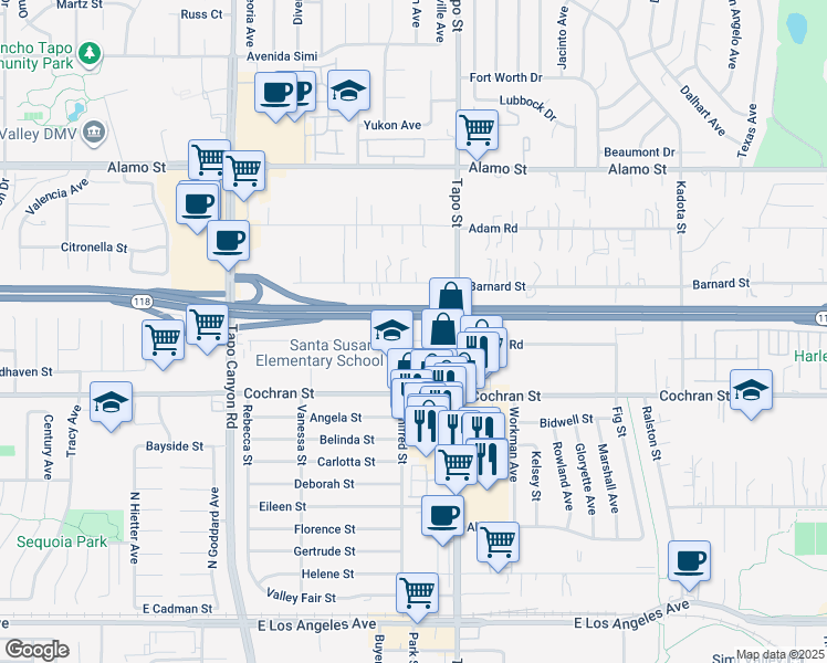 map of restaurants, bars, coffee shops, grocery stores, and more near 4321 Apricot Road in Simi Valley