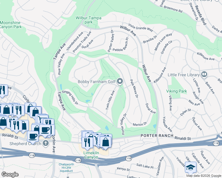 map of restaurants, bars, coffee shops, grocery stores, and more near 19411 Twin Hills Place in Los Angeles