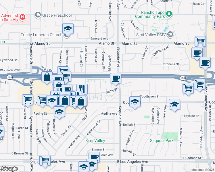 map of restaurants, bars, coffee shops, grocery stores, and more near 2508 Glenhurst Court in Simi Valley