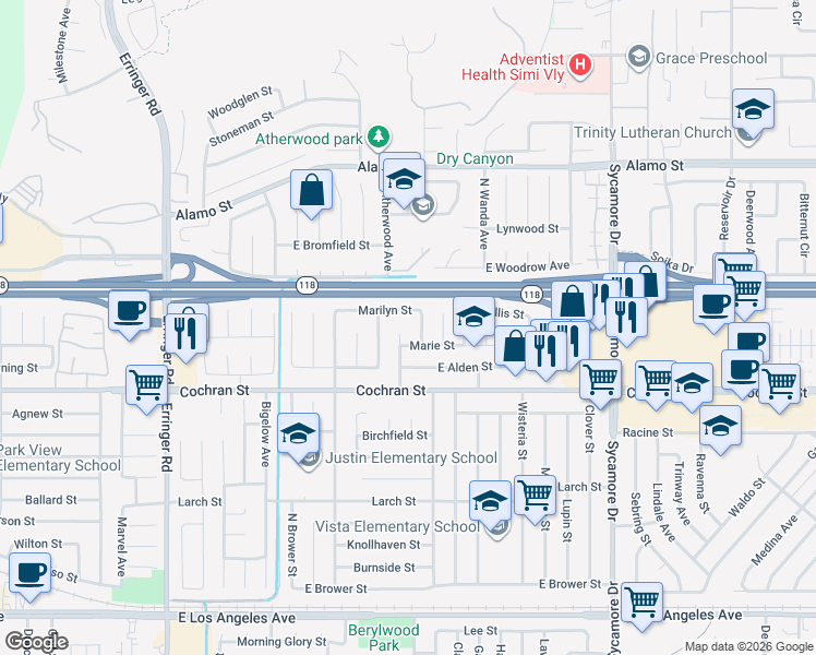 map of restaurants, bars, coffee shops, grocery stores, and more near 2568 Goldin Ave in Simi Valley