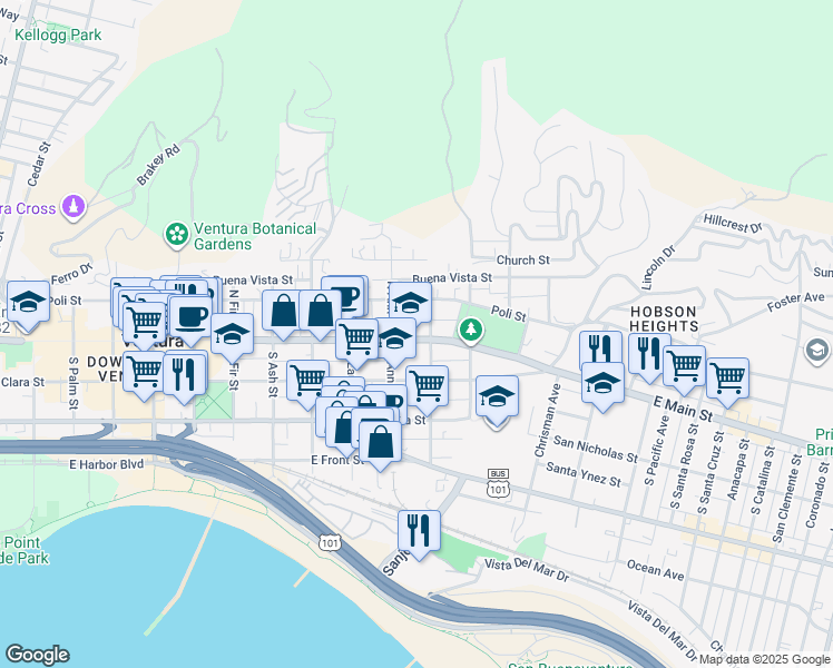 map of restaurants, bars, coffee shops, grocery stores, and more near 1161 East Main Street in Ventura