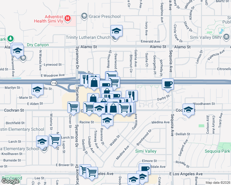 map of restaurants, bars, coffee shops, grocery stores, and more near 2975 Cochran Street in Simi Valley
