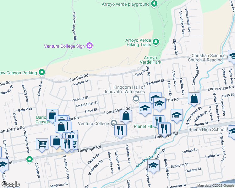 map of restaurants, bars, coffee shops, grocery stores, and more near 4743 Rosemont Court in Ventura
