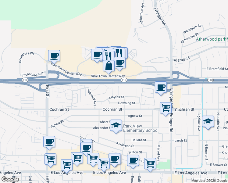map of restaurants, bars, coffee shops, grocery stores, and more near 2538 Lowell Court in Simi Valley