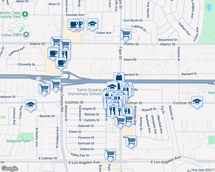 map of restaurants, bars, coffee shops, grocery stores, and more near 4311 Apricot Road in Simi Valley