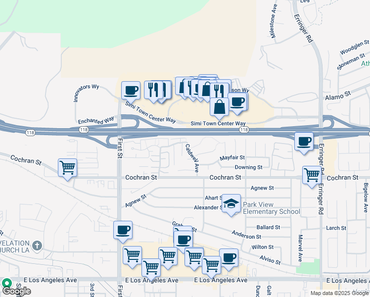 map of restaurants, bars, coffee shops, grocery stores, and more near 2474 Park Meadow Court in Simi Valley