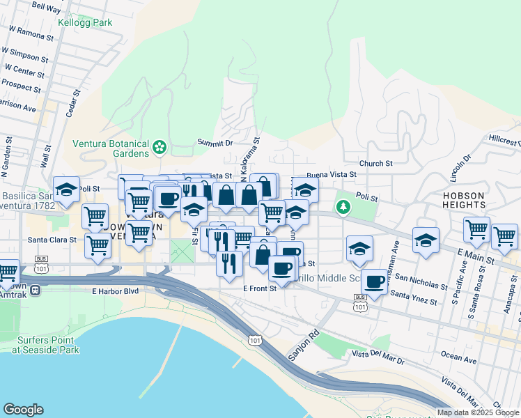 map of restaurants, bars, coffee shops, grocery stores, and more near 967 East Main Street in Ventura