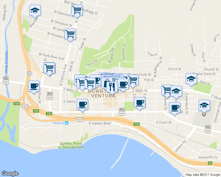 map of restaurants, bars, coffee shops, grocery stores, and more near 477 East Main Street in Ventura