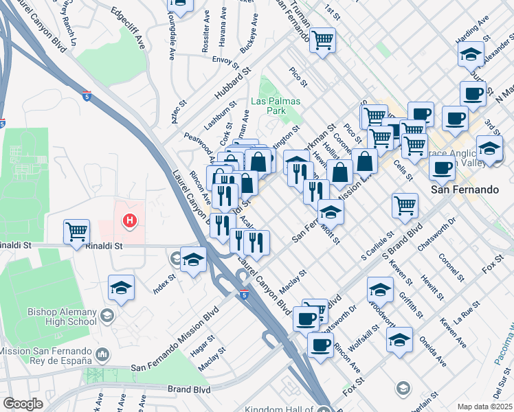 map of restaurants, bars, coffee shops, grocery stores, and more near 11590 Amboy Avenue in San Fernando