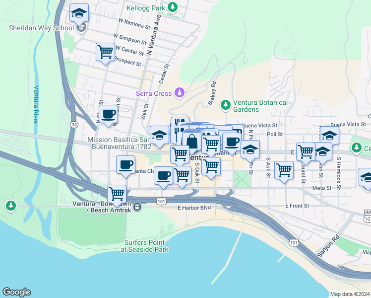 map of restaurants, bars, coffee shops, grocery stores, and more near 327 East Main Street in Ventura