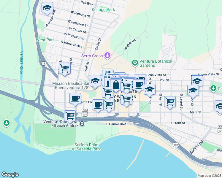 map of restaurants, bars, coffee shops, grocery stores, and more near 327 East Main Street in Ventura