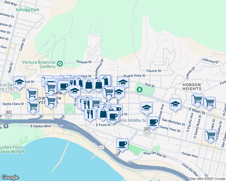 map of restaurants, bars, coffee shops, grocery stores, and more near 1055 East Main Street in Ventura