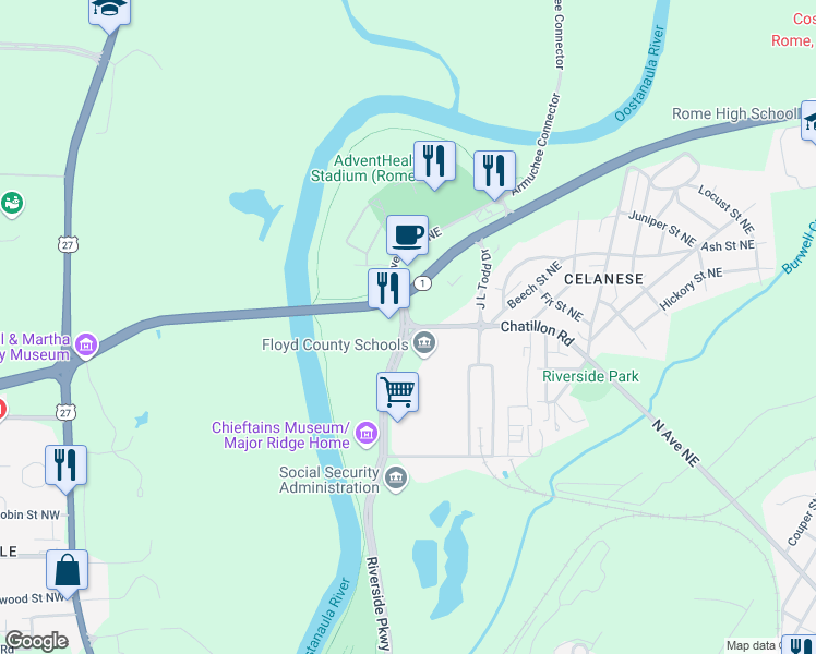 map of restaurants, bars, coffee shops, grocery stores, and more near 80 Chatillon Road in Rome