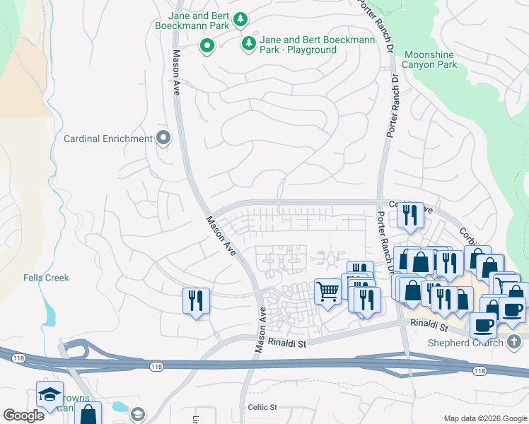 map of restaurants, bars, coffee shops, grocery stores, and more near 20236 Livorno Way in Los Angeles