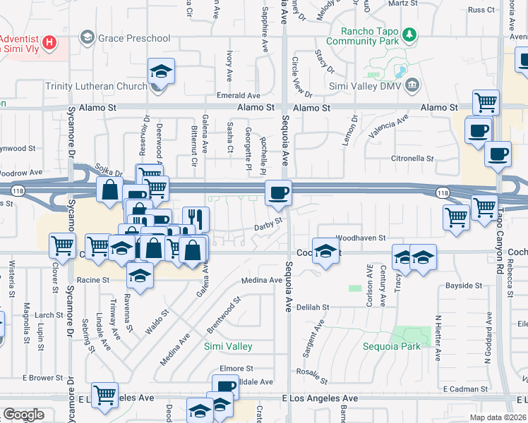 map of restaurants, bars, coffee shops, grocery stores, and more near 2508 Glenhurst Court in Simi Valley