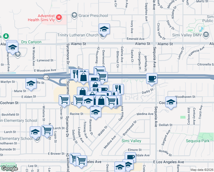 map of restaurants, bars, coffee shops, grocery stores, and more near 2975 Cochran St in Simi Valley