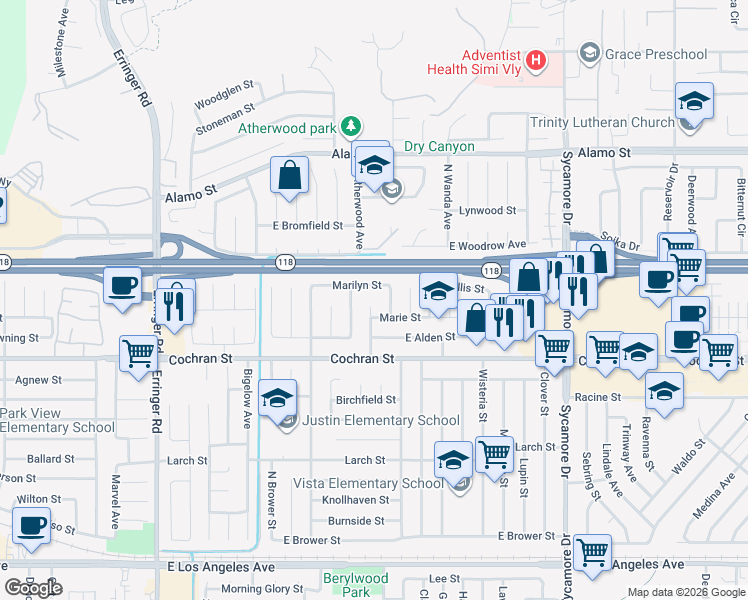 map of restaurants, bars, coffee shops, grocery stores, and more near 2568 Goldin Avenue in Simi Valley