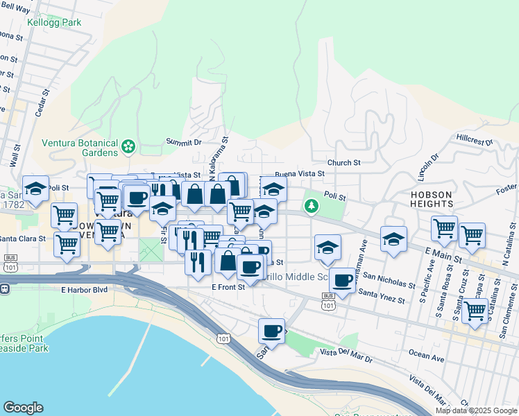 map of restaurants, bars, coffee shops, grocery stores, and more near 1065 East Main Street in Ventura