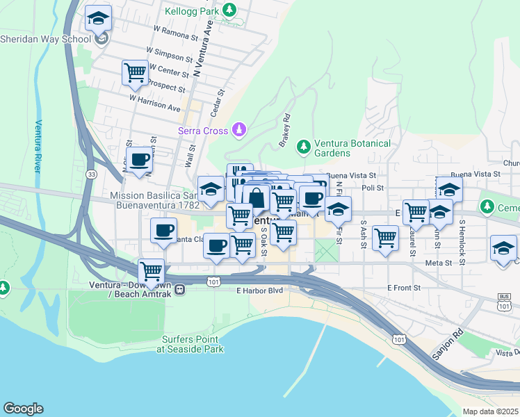 map of restaurants, bars, coffee shops, grocery stores, and more near in Ventura