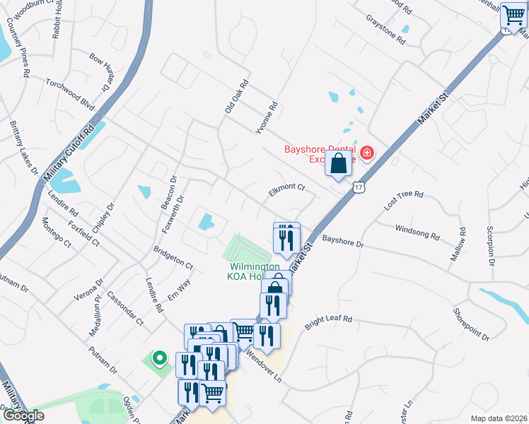 map of restaurants, bars, coffee shops, grocery stores, and more near 7412-7416 Alcoa Way in Wilmington