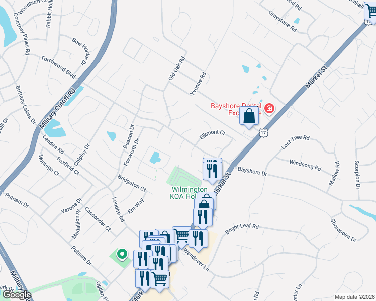map of restaurants, bars, coffee shops, grocery stores, and more near 7412-7416 Alcoa Way in Wilmington