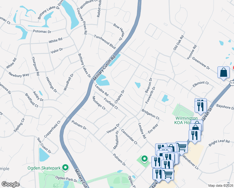 map of restaurants, bars, coffee shops, grocery stores, and more near 7312 Pamlico Court in Wilmington