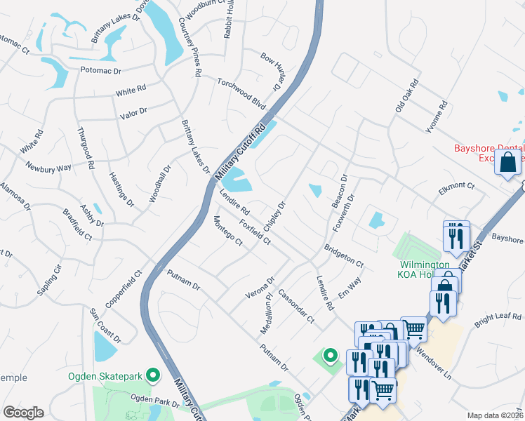 map of restaurants, bars, coffee shops, grocery stores, and more near 7312 Pamlico Court in Wilmington