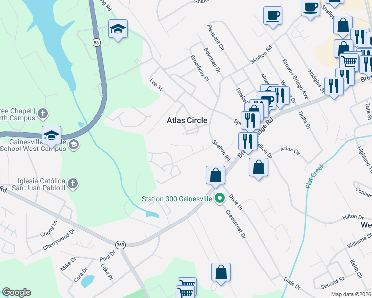 map of restaurants, bars, coffee shops, grocery stores, and more near 2529 Hollow Drive in Gainesville