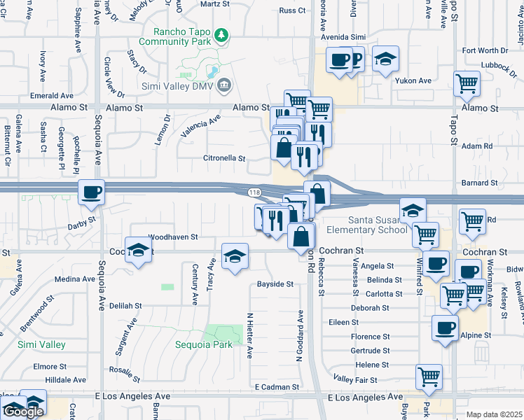 map of restaurants, bars, coffee shops, grocery stores, and more near 2474 North Woodhaven Court in Simi Valley