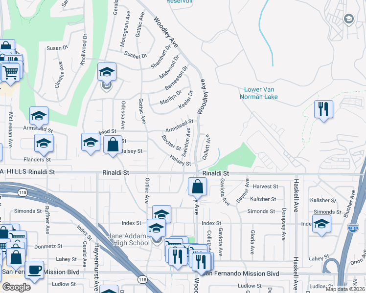 map of restaurants, bars, coffee shops, grocery stores, and more near 16231 Bircher Street in Los Angeles