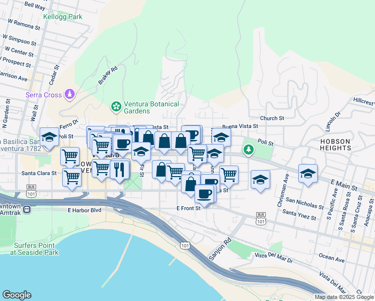 map of restaurants, bars, coffee shops, grocery stores, and more near 967 East Main Street in Ventura