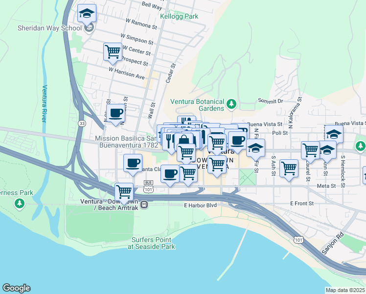 map of restaurants, bars, coffee shops, grocery stores, and more near 2163 East Main Street in Ventura