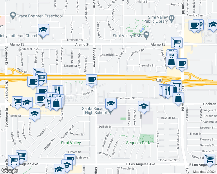 map of restaurants, bars, coffee shops, grocery stores, and more near 3458 Highwood Court in Simi Valley