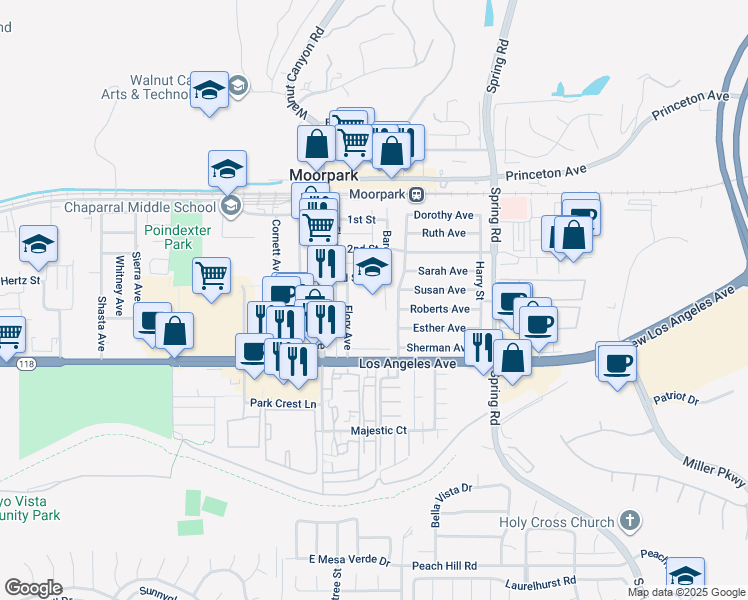 map of restaurants, bars, coffee shops, grocery stores, and more near 240 Flory Avenue in Moorpark