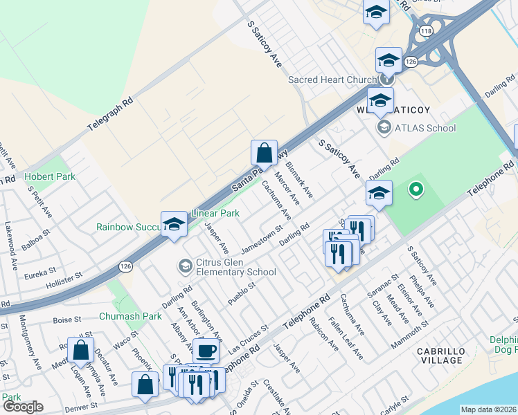 map of restaurants, bars, coffee shops, grocery stores, and more near 697 Memphis Court in Ventura