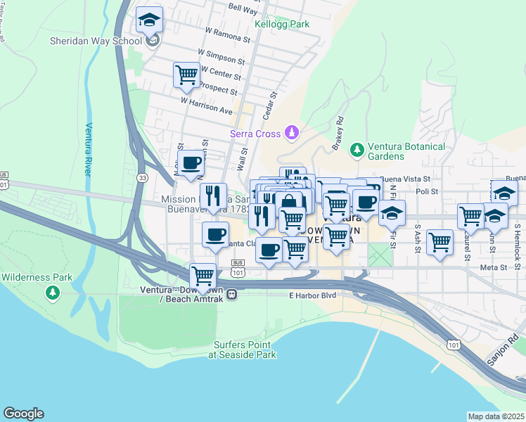 map of restaurants, bars, coffee shops, grocery stores, and more near 211 East Main Street in Ventura