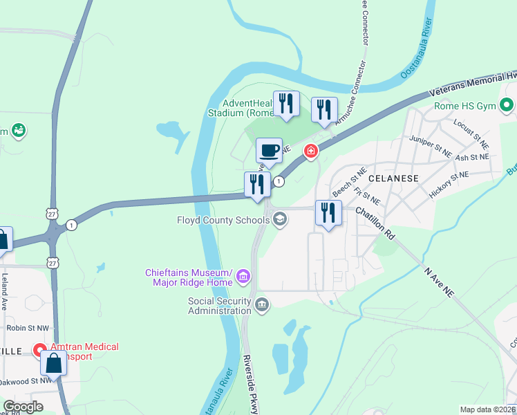 map of restaurants, bars, coffee shops, grocery stores, and more near 595 Riverside Parkway Northeast in Rome