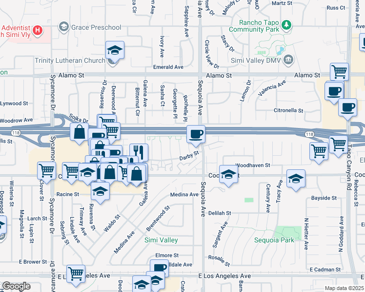 map of restaurants, bars, coffee shops, grocery stores, and more near 2514 Glenhurst Court in Simi Valley