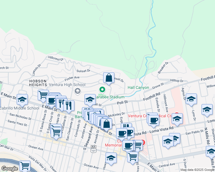 map of restaurants, bars, coffee shops, grocery stores, and more near 2406 Palomar Avenue in Ventura