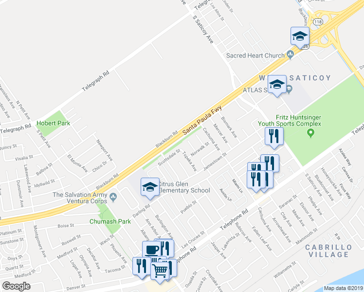map of restaurants, bars, coffee shops, grocery stores, and more near 10015 Scottsdale Street in Ventura