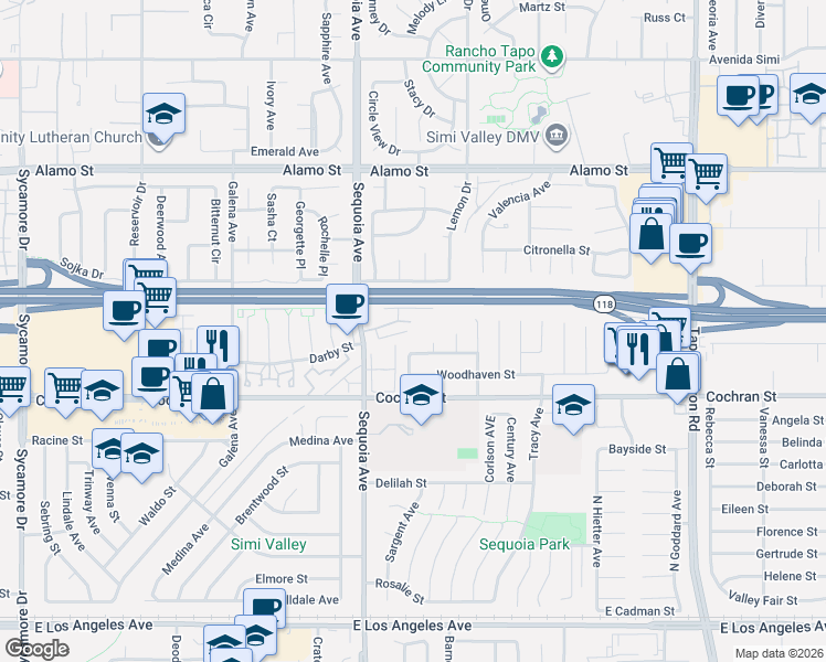 map of restaurants, bars, coffee shops, grocery stores, and more near 3458 Highwood Court in Simi Valley