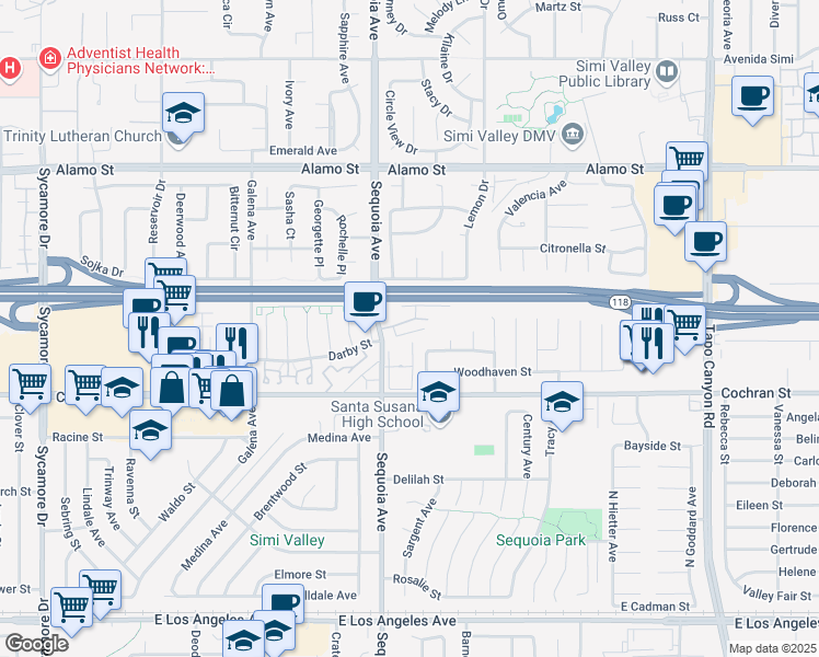 map of restaurants, bars, coffee shops, grocery stores, and more near 3434 Highwood Court in Simi Valley
