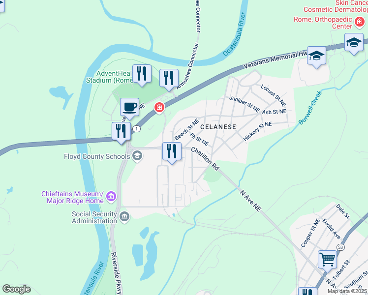 map of restaurants, bars, coffee shops, grocery stores, and more near 0 Cypress Street Northeast in Rome